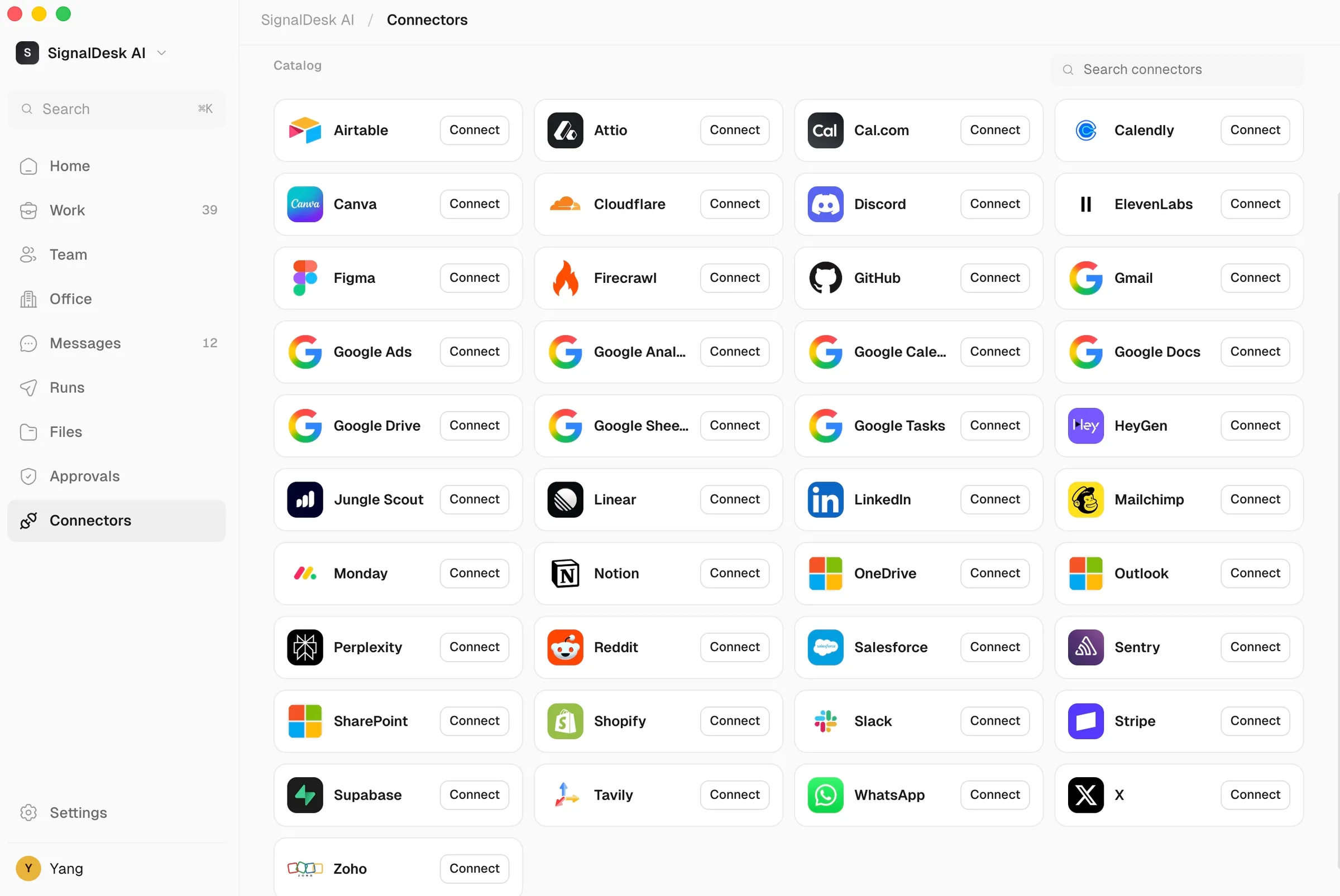 AgentCompany connector catalog with dozens of integrations ready to connect