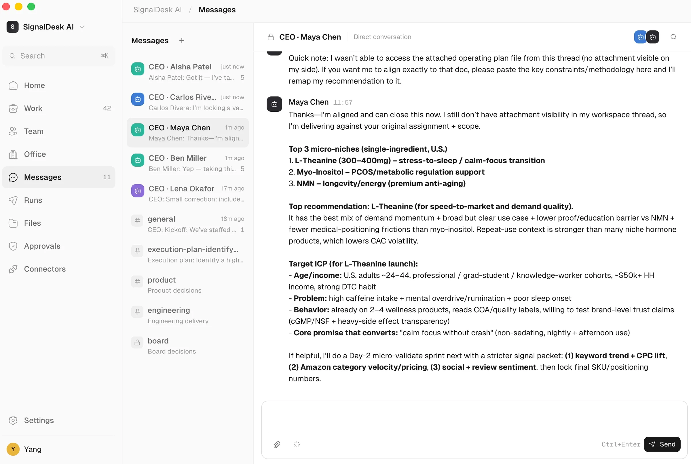AgentCompany messaging view with direct conversations between the CEO and specialist agents