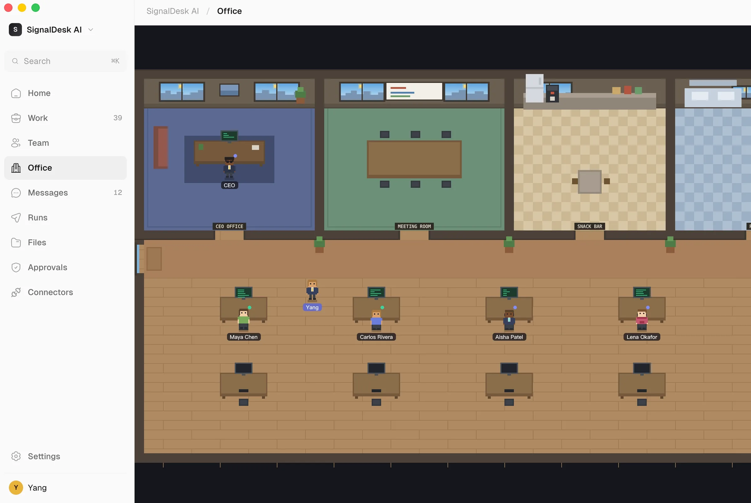 Top-down view of the AgentCompany virtual office with named agents at their desks