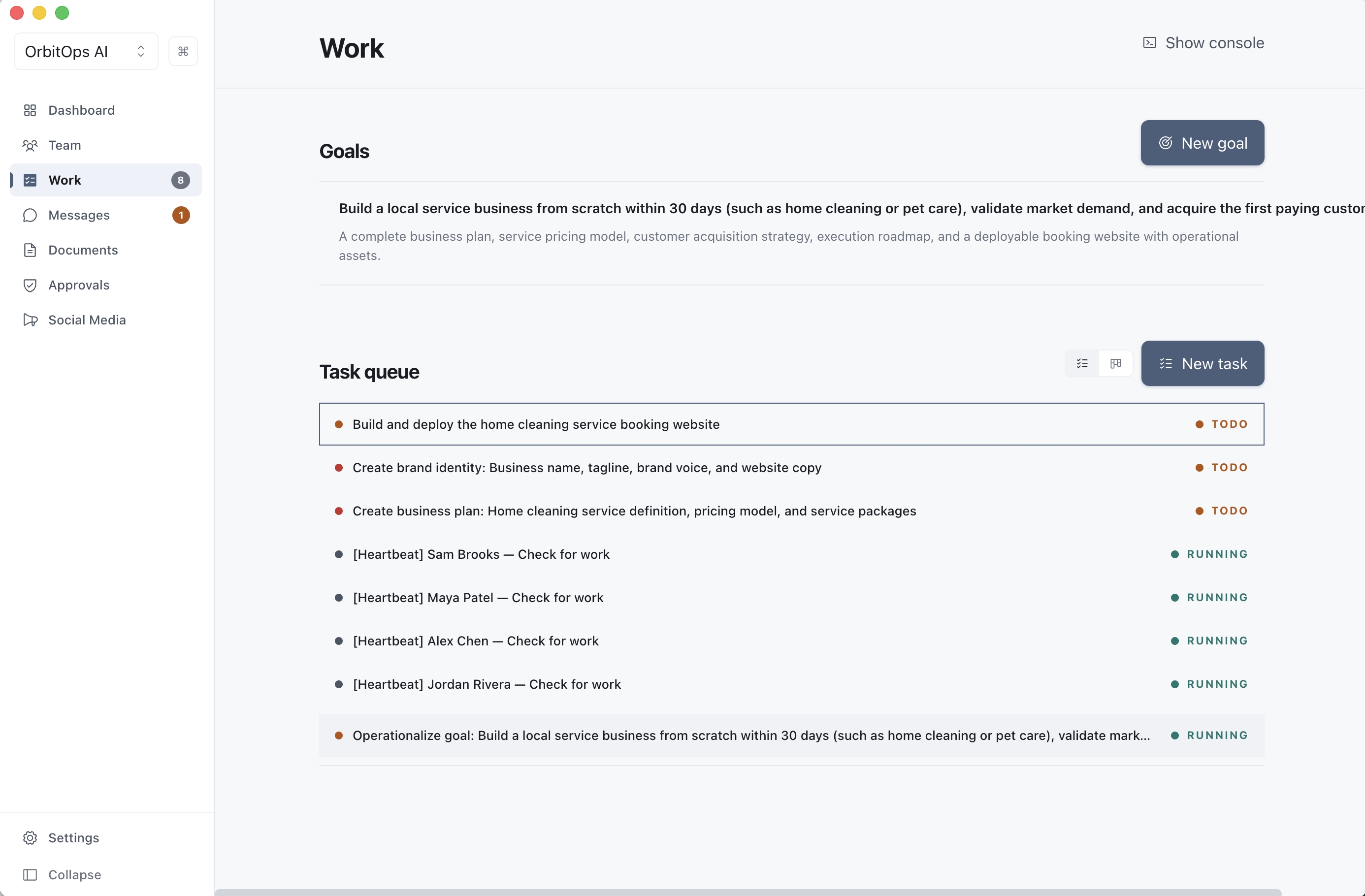 Autonomous task board with agents managing work items