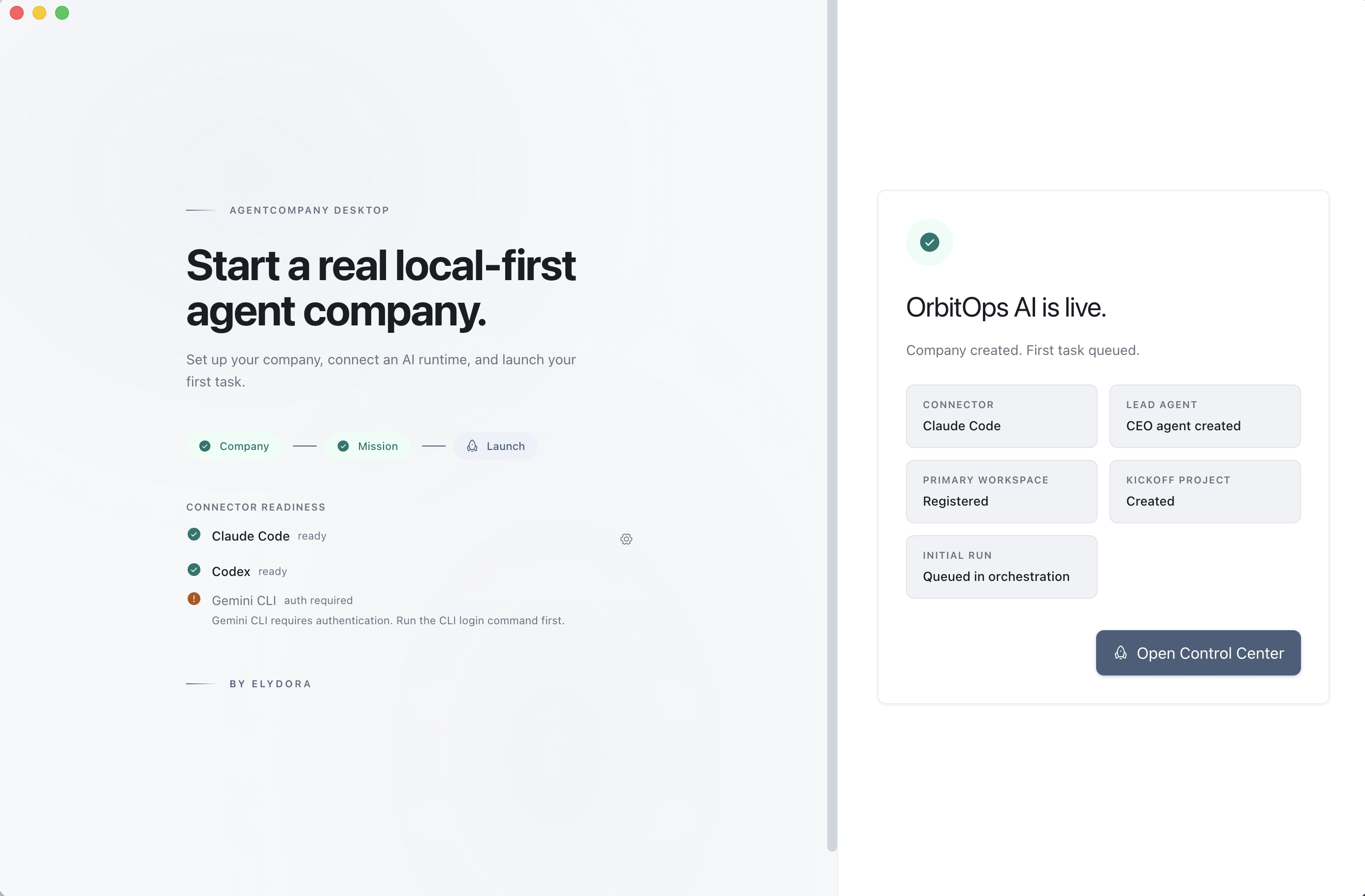 Company creation onboarding flow with mission and runtime setup